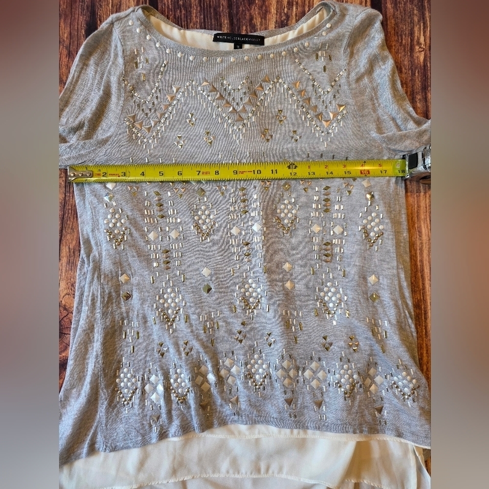 White House Black Market Size Medium Gray Embellished jeweled Knit Top Layered - Picture 12 of 12